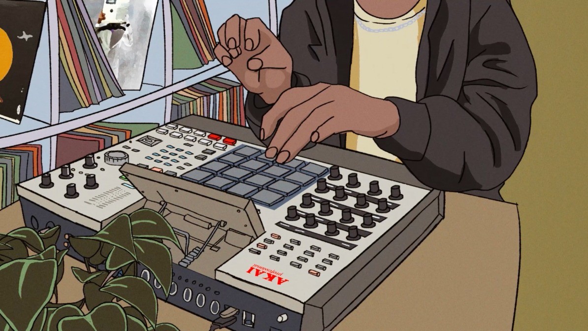 Drawing of musician playing MPC X SE