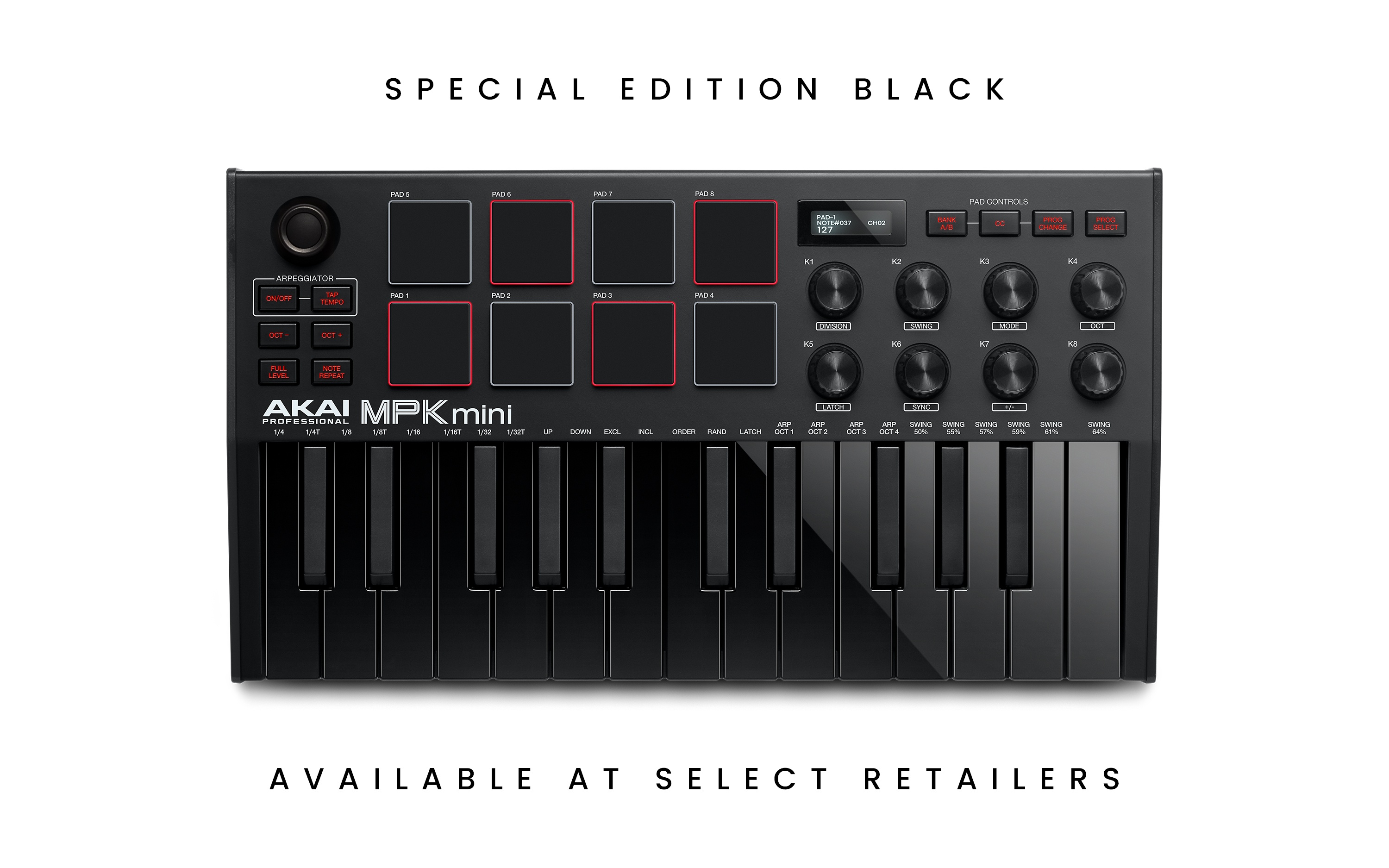 Top down view of MPK Mini MIDI Controller in Special Edition Black