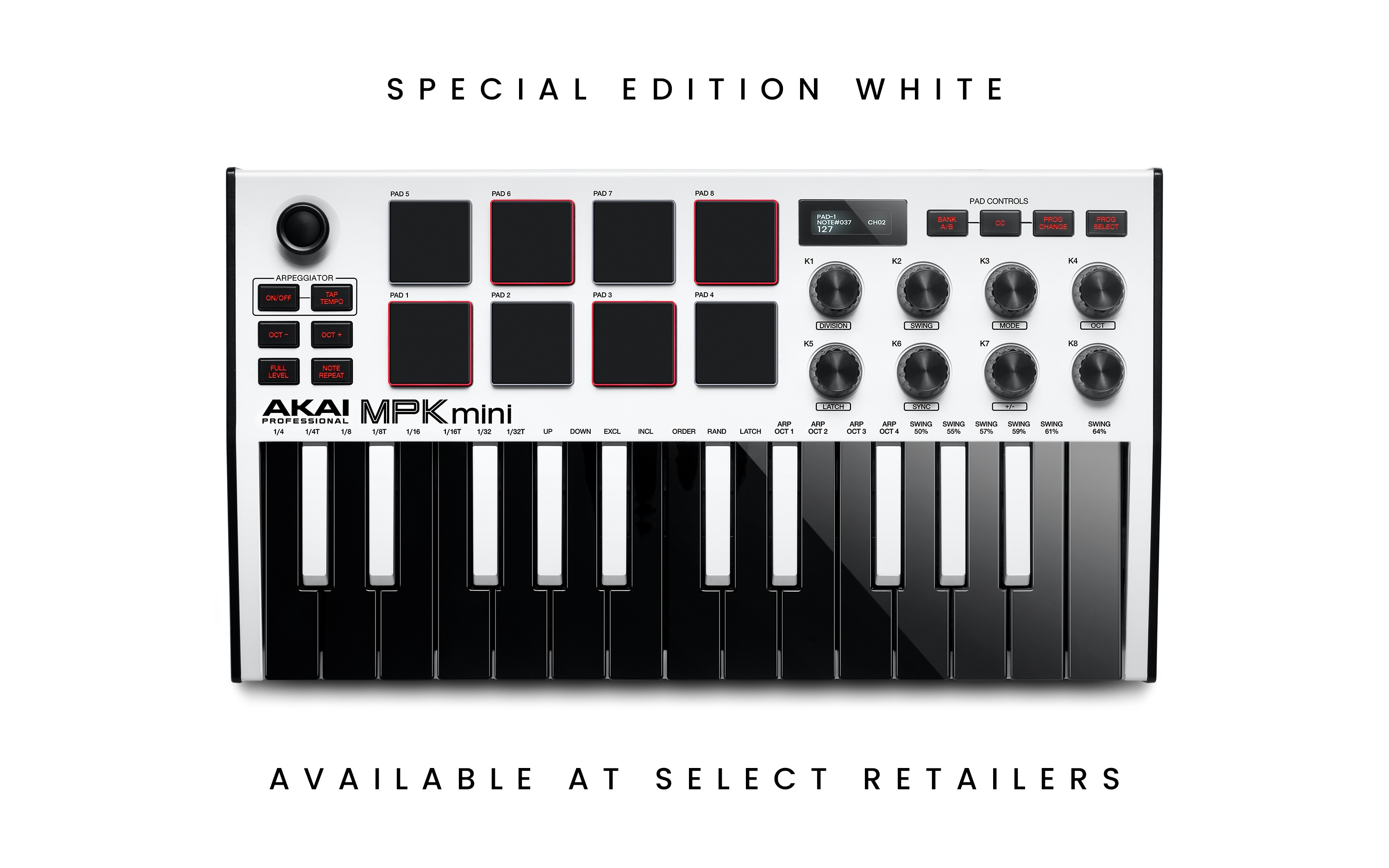Top down view of MPK Mini MIDI Controller in Special Edition White